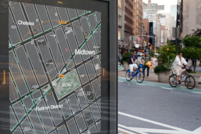 This new street map design is helpful for most pedestrians, but does it make navigation easier for blind or vision-impaired people? (credit: https://new.pentagram.com/2013/06/new-work-nyc-wayfinding/)