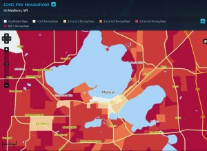 However, this second map shows that dense urban areas have a clear advantage when it comes to greenhouse gas emissions per person, taking into account population density.