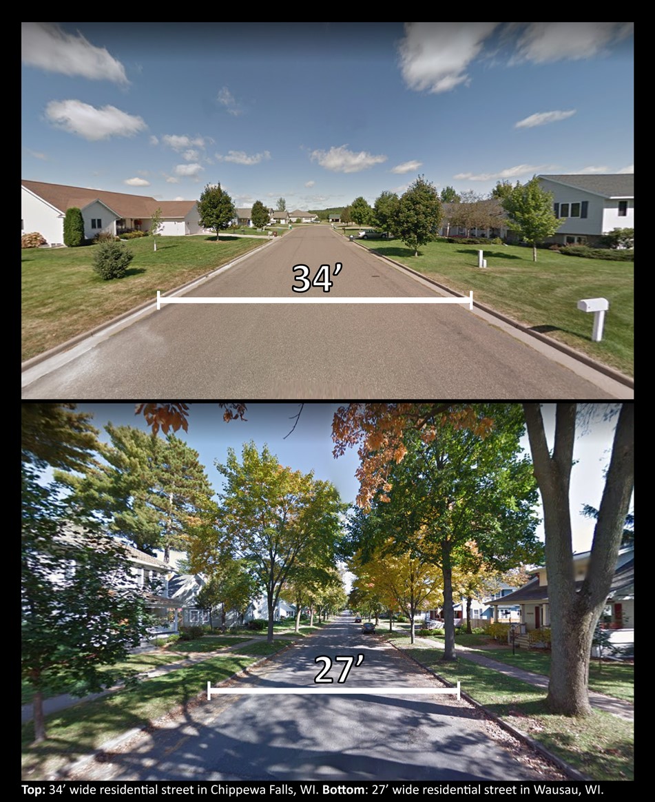 graphic comparing street widths of 27' vs 34'