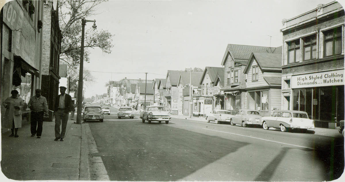 Bronzeville circa 1958 – Subtitle: Photo of the Bronzeville neighborhood circa 1958, near 12th and Walnut Street. Photo courtesy of the Milwaukee Public Library