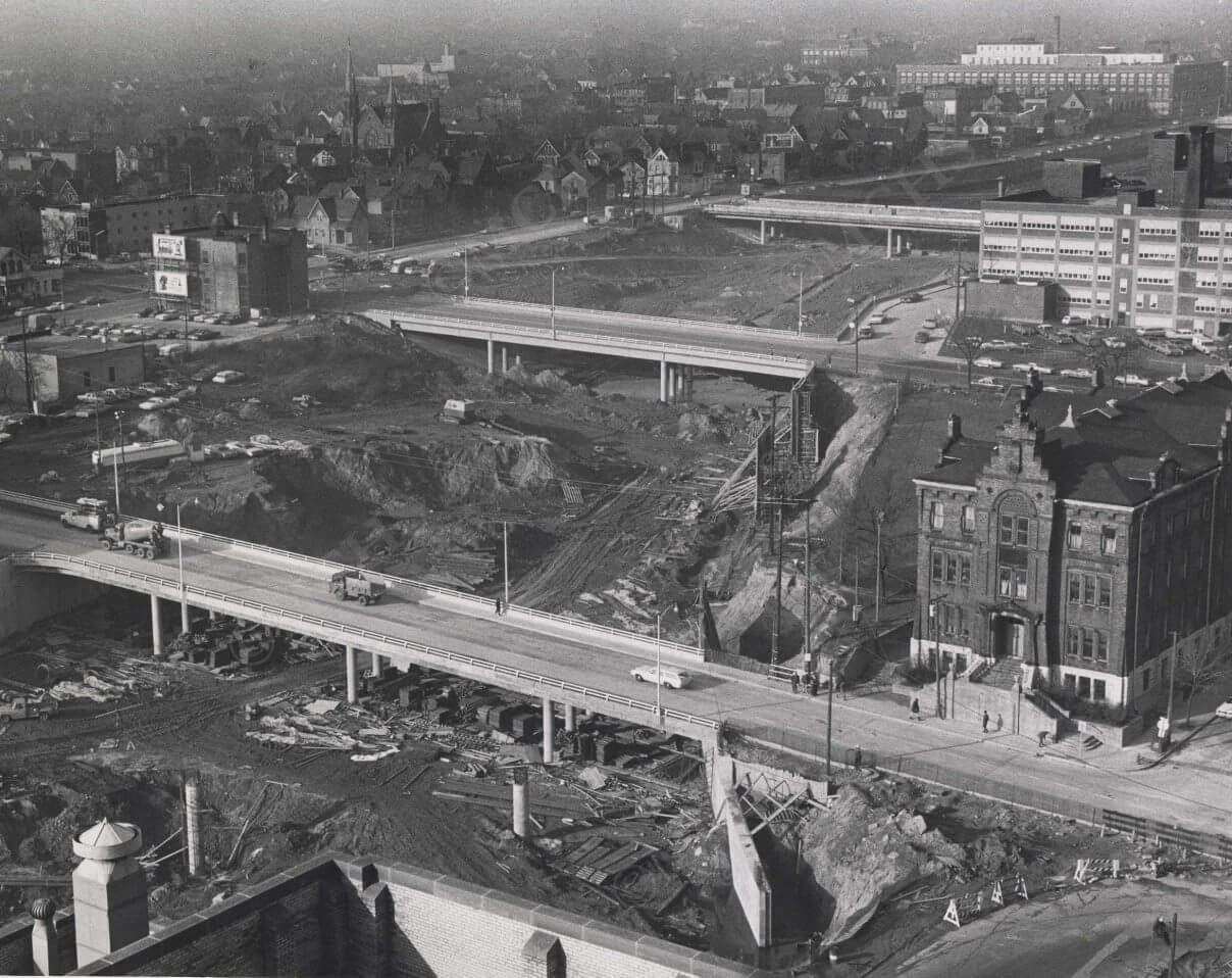 Milwaukee County Courthouse looking North – Subtitle: Photo of I-43 as it cuts through the Bronzeville neighborhood taken from the Milwaukee County Courthouse looking North. Photo courtesy of the Milwaukee County Historical Society