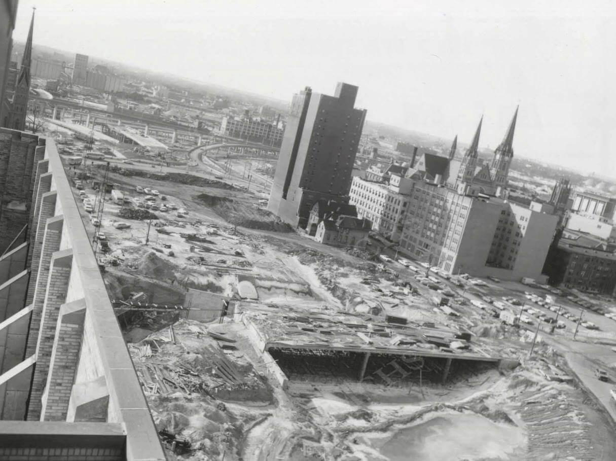 Milwaukee County Courthouse looking South – Subtitle: Photo of the Marquette Interchange from the Milwaukee County Courthouse looking South. Photo courtesy of the Milwaukee County Historical Society