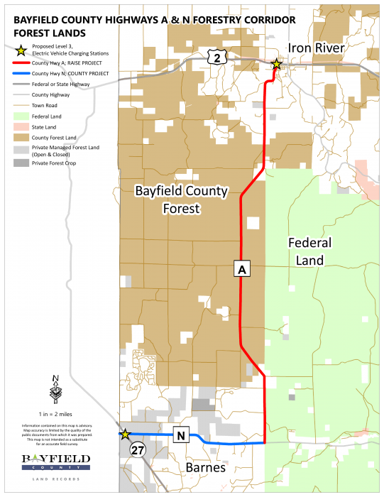 A map showing Bayfield County's project to repair local roads and add electric vehicle charging stations at either end.