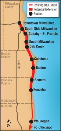 A map of the draft KRM commuter rail line that connects Kenosha, Racine, and Milwaukee along with more stops in between.