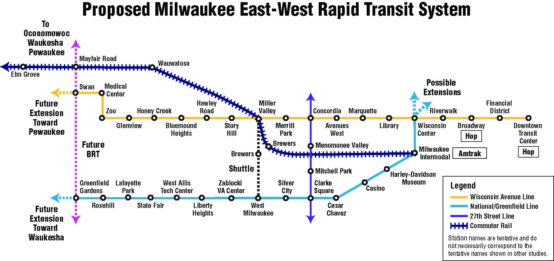 Transit map of two BRT routes going East and West, commuter rail leaving Milwaukee's intermodal station and other north-south BRT connections