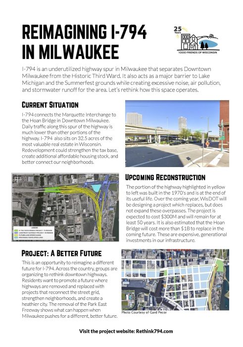 A one-page handout that will take you to a pdf explaining the reimagining I-794 in Milwaukee project.