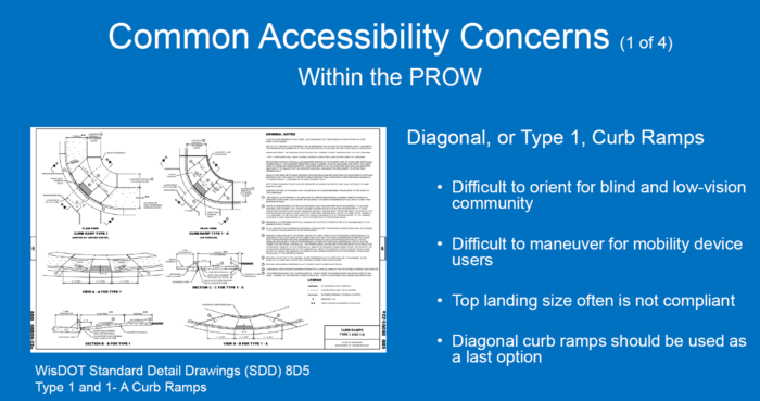 Blue presentation slide with diagrams on the left and the title "common Accessibility Concerns (1 of 4) within the PROW" and a list of curb ramp types on the right.