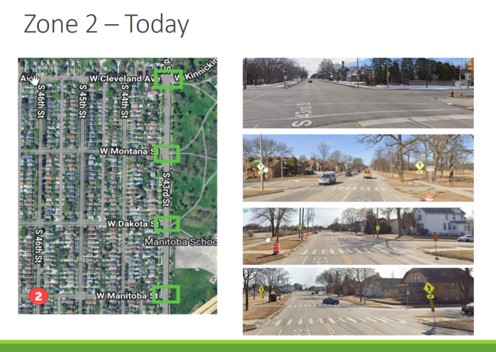 Presentation slide with a satellite view of a park on the left and four street views on the right.