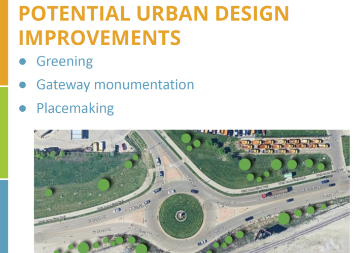 Presentation slide with orange letters reading "Potential urban design improvements" and a blue bulleted list that reads "greening, gateway monumentation, placemaking" and an aerial image of a roundabout.