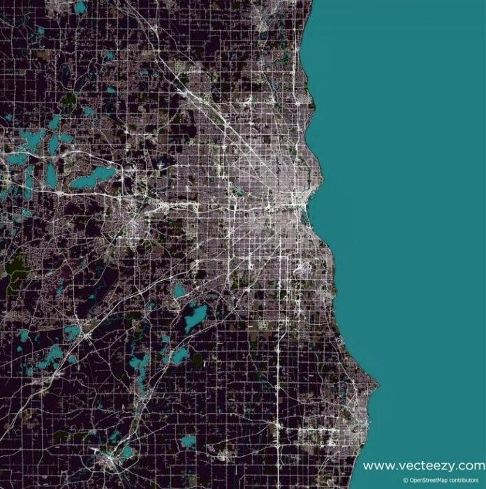 aerial image of Milwaukee with lake Michigan on the right side