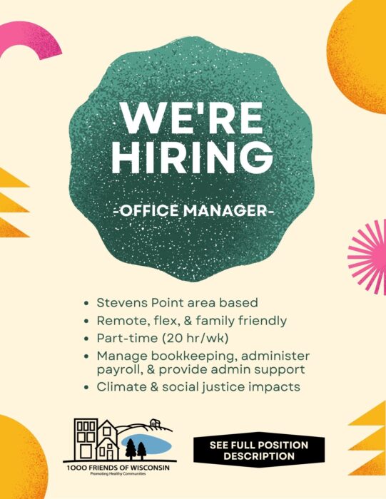 Graphic with tan background and colorful shapes around the edges, including a green blob reading "we're hiring office manager" with details in bullet points below. the bottom of the graphic has the 1kF logo.