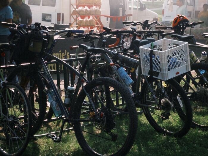 Image shows bicycle rack full of bicycles