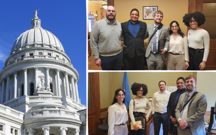 Image of Wisconsin State Capitol dome on the left, images of 1000 Friends of WI housing team with Dream.Org and State Senate Staffers