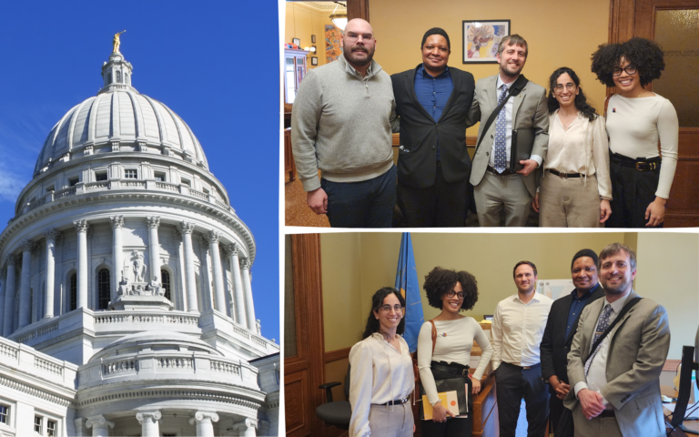 Image of Wisconsin State Capitol dome on the left, images of 1000 Friends of WI housing team with Dream.Org and State Senate Staffers