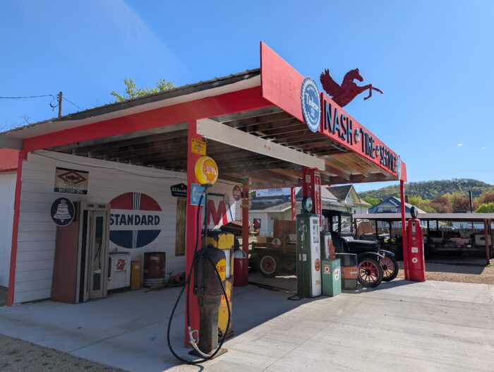 Vintage gas station in rural Wisconsin, part of rural Wisconsin housing summit, April 2026.
