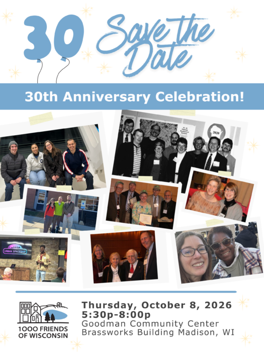 30 years, Save the Date, 30th Anniversary Celebration of 1000 Friends of Wisconsin, photo collage of members throughout the years.