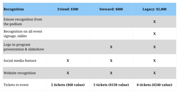Sponsorship opportunities for 30th anniversary party - showing 3 different tier levels and what sponsors receive in return for 1000 Friends of Wisconsin party