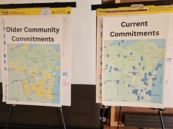 Left shows older community commitments whiled the right board shows current Wisconsin statewide climate commitments