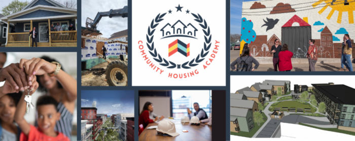 Housing images showing new construction and logo for Housing Onward Wisconsin Community Housing Academy