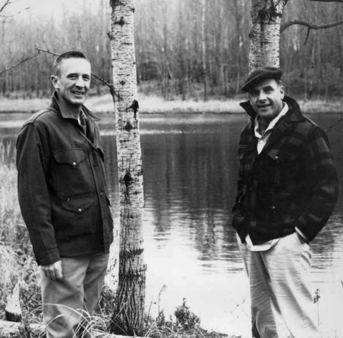 Bud Jordahl and Gaylord Nelson stand by river