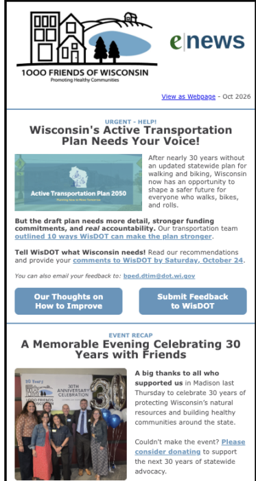 1000 Friends of Wisconsin October Email Newsletter